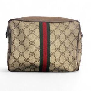 Vintage GUCCI Sherry Line GG Web PVC Canvas Leather Brown Clutch Bag 89-01-012
